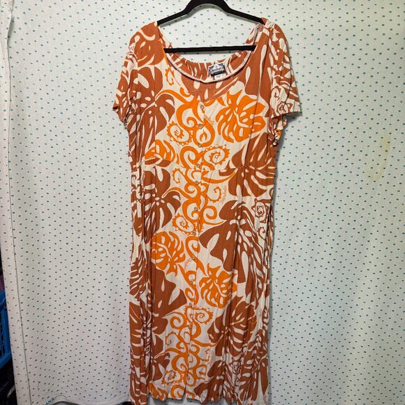 Manuheali'i Orange & Tan Short Sleeve Button Up Plus Size Hawaiian Dress - Picture 1 of 5